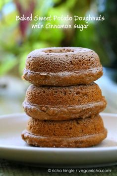 baked sweet potato doughnuts with cinnamon sugar on a white plate in front of a green plant