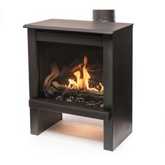 a black fire place with flames burning in it