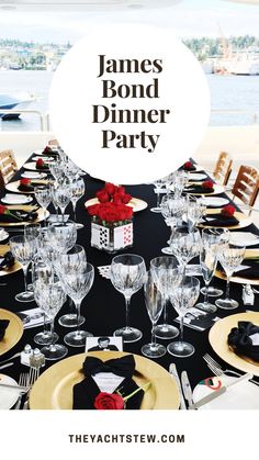 an image of a dinner party setting with black and white table cloth