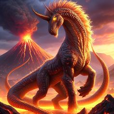 a dragon is standing in front of a volcano