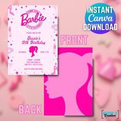 a pink and white birthday card with the word barbie on it, next to an image of