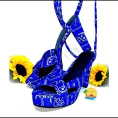 -Blue -Open Toe -Strappy -Chunky Heeled Blue Adjustable High Heel Sandals, Adjustable Blue High Heel Sandals, Trendy Adjustable Platform Heels, Fitted Blue Summer Heels, Fitted Blue Heels For Summer, Festival High Heel Platform Heels, Summer Festival Platform Heels, Summer Festival High Heels, Blue Sandals With 4-inch Heel For Summer