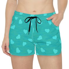 Women's Casual Shorts (AOP) - Objet D'Art Casual Short Swim Trunks For Loungewear, Casual Swim Trunks For Loungewear, Comfortable Athletic Shorts With Elastic Waistband For Beach, Green Drawstring Short Swim Trunks, Green Drawstring Swim Trunks Short Length, Green Drawstring Swim Trunks, Blue Relaxed Fit Athletic Shorts With Drawstring, Relaxed Fit Athletic Shorts With Functional Drawstring, Relaxed Fit Athletic Shorts With Built-in Shorts For Beachwear