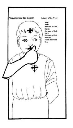 a black and white drawing of a person pointing to the cross