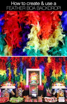 colorful feathers and decorations are on display at a birthday or baby shower party with text overlay that reads how to create & use a feather boa backdrop