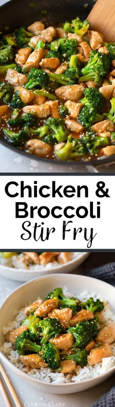 chicken and broccoli stir fry in a pan with chopsticks