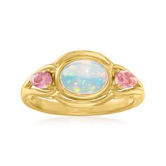 "Find ROSS-SIMONS Ethiopian Opal And Tourmaline Ring In 18kt Gold Over Sterling on Editorialist. Ross-Simons is the authority on fashionable must-haves. Add a mystical touch to your outfit with this ring. Here, a 6x8mm oval Ethiopian opal cabochon beams next to 0.40 ct. t.w. pear-shaped pink tourmaline cabochons. Set in polished 18kt yellow gold over sterling silver. 3/8\" wide. Pink tourmaline and Ethiopian opal ring. Each Ross-Simons item arrives in a fine jewelry presentation box. Shop Ross-Simons jewelry risk-free as all items include a 30-day, 100% money-back guarantee.Stone InformationGem Type 1 - OpalStone Cut 1 - CabochonStone Color 1 - WhiteStone Clarity 1 - WhiteStone Shape 1 - Oval-ShapeStone Creation Method 1 - NaturalStone Treatment Method 1 - ImpregnatedStone Weight 1 - 0 Car Opal Drop Earrings, Opal Birthstone, Ethiopian Opal Ring, Knot Stud Earrings, Pink Tourmaline Ring, Opal Earrings Stud, Opal Studs, Jewelry Essentials, Sterling Jewelry