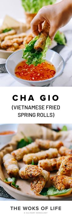 the words cha gio vietnamese fried spring rolls are in front of a plate of food