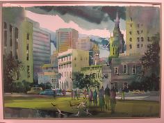 a painting of people walking on the grass in front of buildings and birds flying around