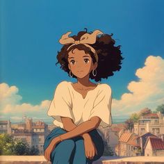 an anime character sitting on top of a building