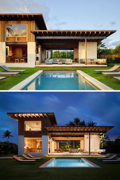 two pictures side by side of a house and the other shows an outdoor swimming pool