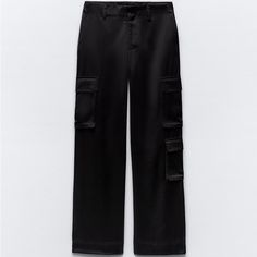 Zara Silk Shiny Fancy Cargo Long Pants With Draw String Waist And Ankles Size Small New Never Worn Chic Black Cargo Pants For Work, Zara Cargo Pants For Workwear, Zara Cargo Style Pants For Workwear, Zara Black Mid-rise Pants, Chic Black Straight Cargo Pants, Chic Zara Cargo Pants For Workwear, Zara Fitted Cargo Pants For Work, Fitted Zara Cargo Pants For Work, Zara Cargo Pants