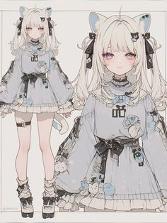 an anime character with white hair and cat ears, wearing a gray dress that has blue flowers on it