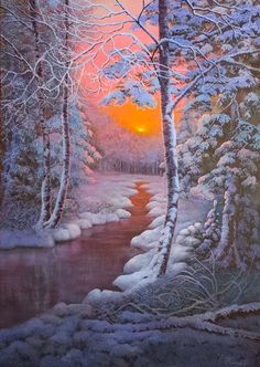 a painting of snow covered trees and water at sunset with the sun setting in the distance