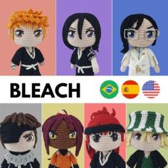 a group of dolls that are sitting in front of each other with the words bleach on them