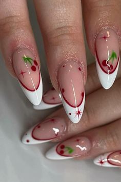 nails, nail design, nail idea, nail inspo 2024, summer nails, nail art, nail color, colourful, it girl, lifestyle, inspiration, motivation, girls Red Almond Nail Designs, Simple Cherry Nails, Pink And Red Cherry Nails, Almond Nails Designs Christmas, Cherries Nail Art, Acrylic Nails With Cherry Design, Almond Acrylic Nails Cherry, Almond Nails Cherry Design, Cherrie Nails Design