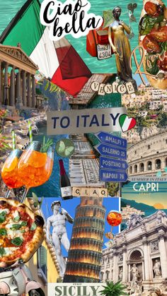 collage of italy images including the leaning tower of pisa, pizza and other famous landmarks