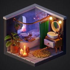 an image of a bathroom setting with candles and plants on the counter, in low poly style