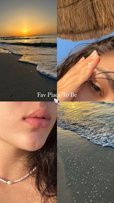 three different pictures of a woman with her hand on her forehead and the sun setting in the background