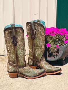 Turquoise Western Boots For Ranch, Western Turquoise Boots With Patina, Turquoise Western Boots With Patina, Green Western Boots For Rodeo, Fitted Turquoise Boots For Ranch, Western Turquoise Boots For Rodeo, Western Style Boots With Patina For Western-themed Events, Western Green Snip Toe Boots, Turquoise Western Boots With Snip Toe