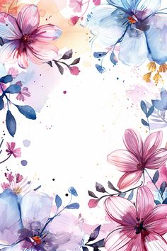 watercolor flowers on a white background with blue, pink and yellow leaves in the center