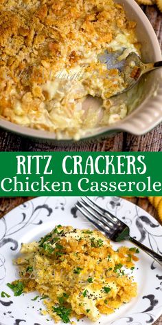 a casserole dish with chicken and cheese in it on a plate next to crackers