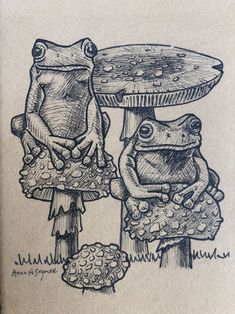 a drawing of two frogs sitting next to each other on top of a mushroom table