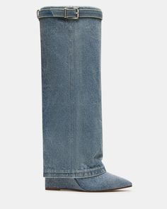 Introducing the CORENNE boot, the perfect combination of 90s style and modern comfort. Featuring a fold over design, pointed toe, and buckle detail, these knee high boots are sure to make a statement. 3.75 inch heel height Size 6 measurements: 15.75 inch shaft circumference, 16.25 inch shaft height Size 8 measurements: 16.5 inch shaft circumference, 16.75 inch shaft height Size 10 measurements: 17.25 inch shaft circumference, 17.25 inch shaft height Textile upper material Textile lining Syntheti Denim Boots Outfit, Jean Boots, Denim Boots, 90s Style, Boots Outfit, Fold Over, Denim Fabric, Fun Bags, Boot Shoes Women