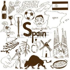 spain symbols and landmarks in black and white with the spanish word spain written on it