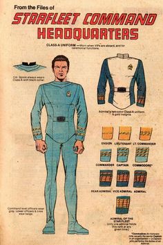 an advertisement for star trek's fleet command uniforms, from the 1960s to 1970