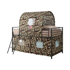 a bunk bed with a camouflage print cover and two mattresses on top of it