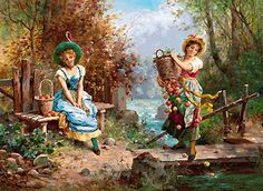 two women are sitting on a bench in the woods, one is holding a basket