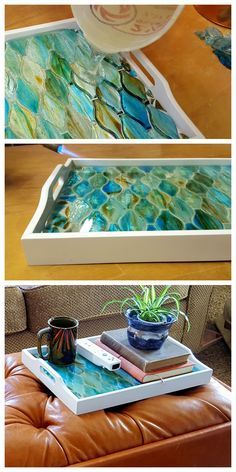 three different pictures of a tray with some plants on it