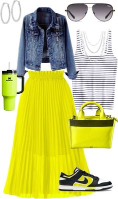 Summer Outfits Yellow, Outfit Ideas Board, Chiffon Skirt Outfit, Yellow And Black Outfit, Flowy Skirt Outfit, Classy Casual