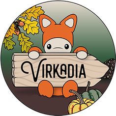 an animal holding a sign with the word virkedia written on it, surrounded by autumn leaves