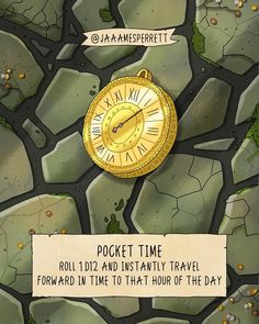 there is a clock on the ground with words written below it that read pocket time, r0101 and instantity travel forward in time to that hour of the day