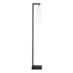 a black floor lamp with a white shade on it's side and a square light in the middle