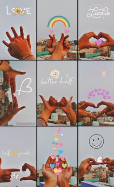 multiple images of hands making heart shapes with hearts and rainbows in the sky above them