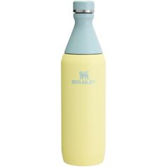 a yellow and blue water bottle on a white background