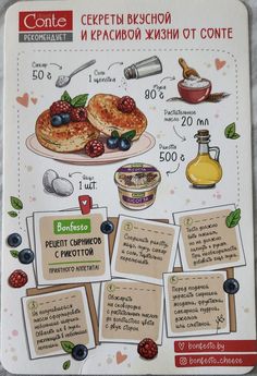 a poster with instructions on how to make pancakes and other breakfast foods in russian language