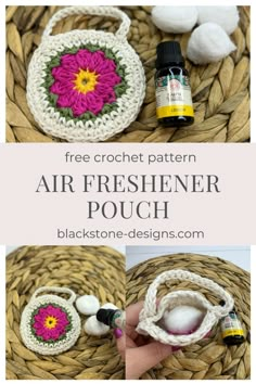 crocheted air freshener pouch is shown in three different pictures and the text reads free crochet pattern