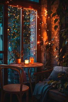 Cozy balcony with fairy lights, plants, a small table with candles, and a wicker chair, creating a warm evening ambiance. Diy Small Balcony Decor Ideas, Hanging Lights Apartment Balcony, Cat Safe Balcony Small Apartments, Cat Friendly Apartment Balcony, Hammock Apartment Balcony, Apartment Balcony For Dogs, Contemporary Farmhouse Living Room, Diy Small Balcony, Small Apartment Balcony