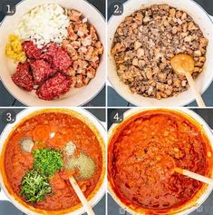 the steps to make meatballs in a pot with spices and seasonings on top