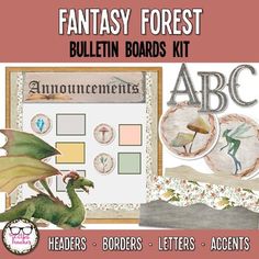 the fantasy forest bulletin board kit includes an image of a dragon, letters and numbers