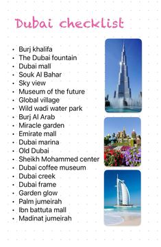 an advertisement for the dubai checklist with pictures of burj and other places