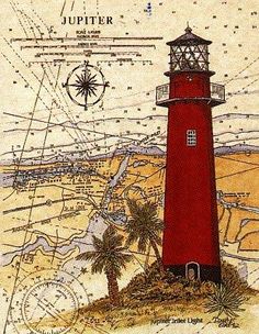 a red lighthouse sitting on top of a lush green field next to a map and palm trees