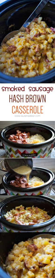 three images show how to make hash browns casserole in the slow cooker