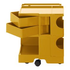 an image of a yellow cart with drawers on it's wheels and shelves in the middle