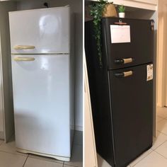 two refrigerators side by side in the same room, one is black and white