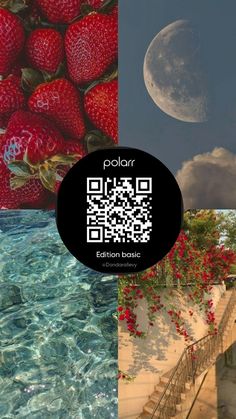 the collage shows four different images including strawberries, moon and steps leading up to water